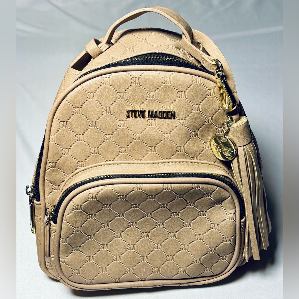 Steve Madden BBLOGO Embossed Mini Backpack Tan Beige Black Gold Hardware GOOD